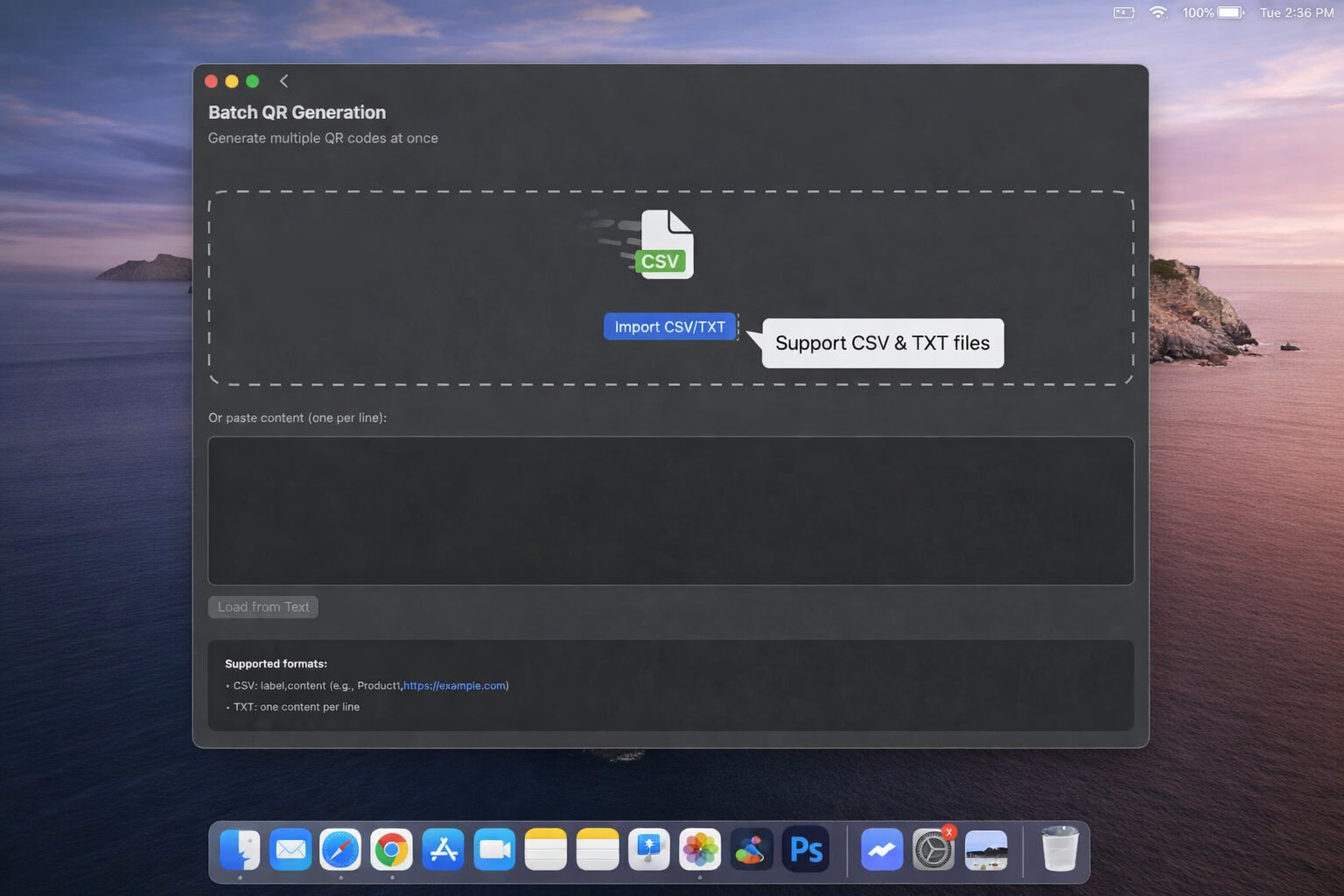 Import CSV or TXT file for batch QR code generation