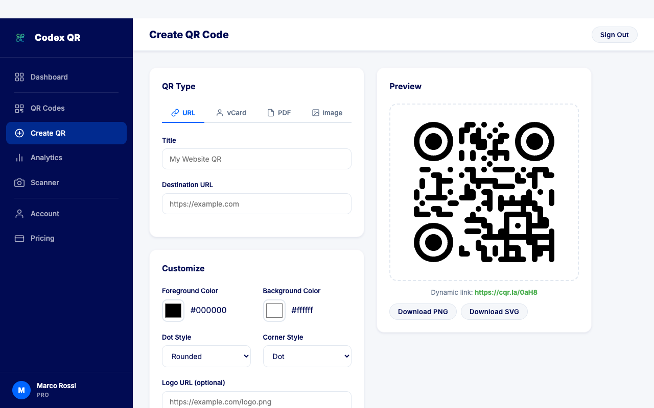 Creating a QR code in Codex QR Cloud with content type selection