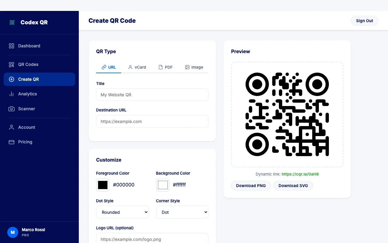 Create a dynamic QR code in Codex QR Cloud