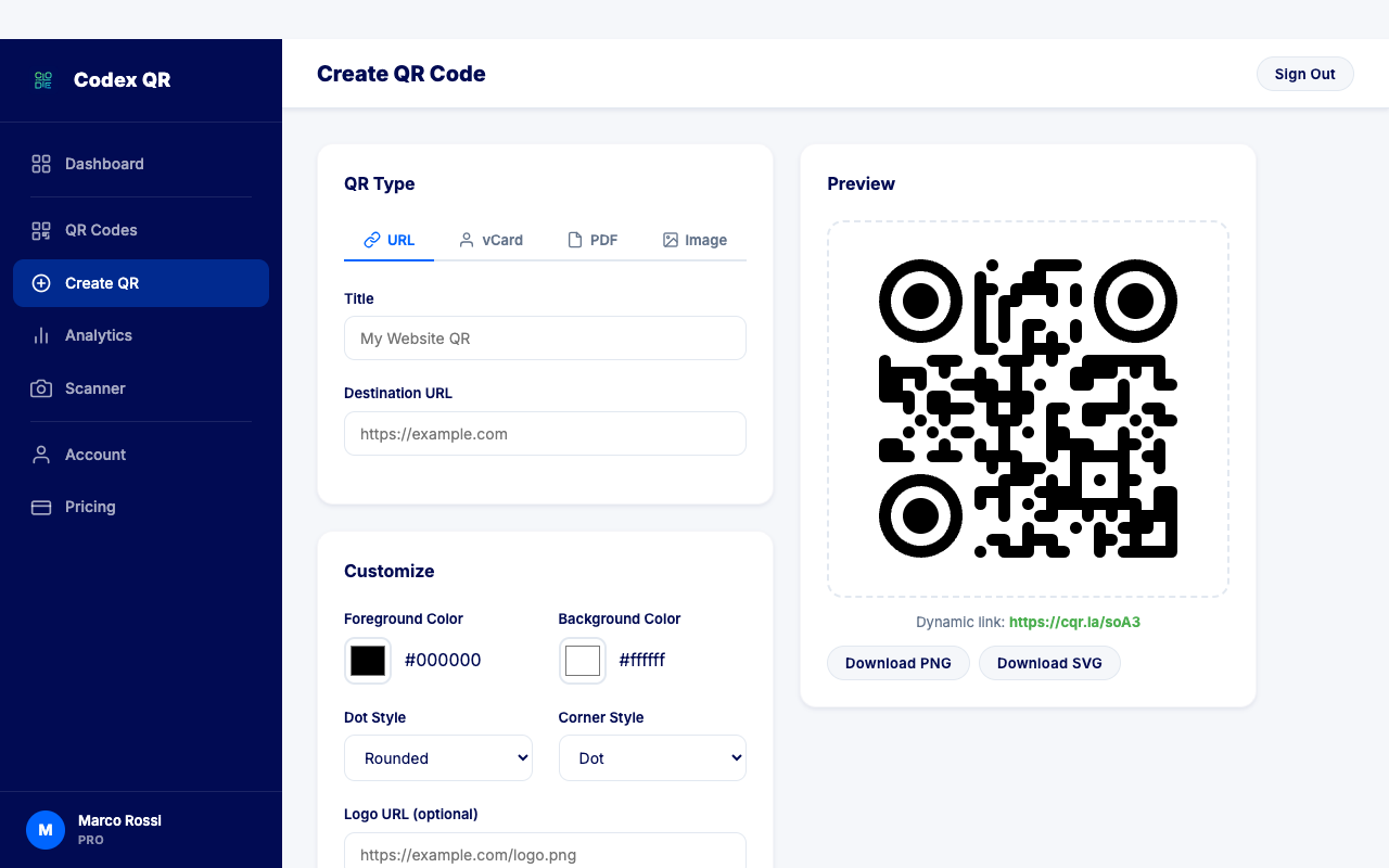 Create a dynamic vCard QR code with a free landing page in Codex QR Cloud
