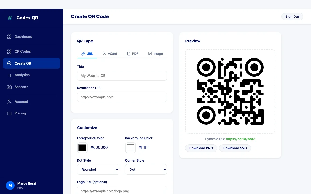Create a dynamic vCard QR code with a free landing page in Codex QR Cloud