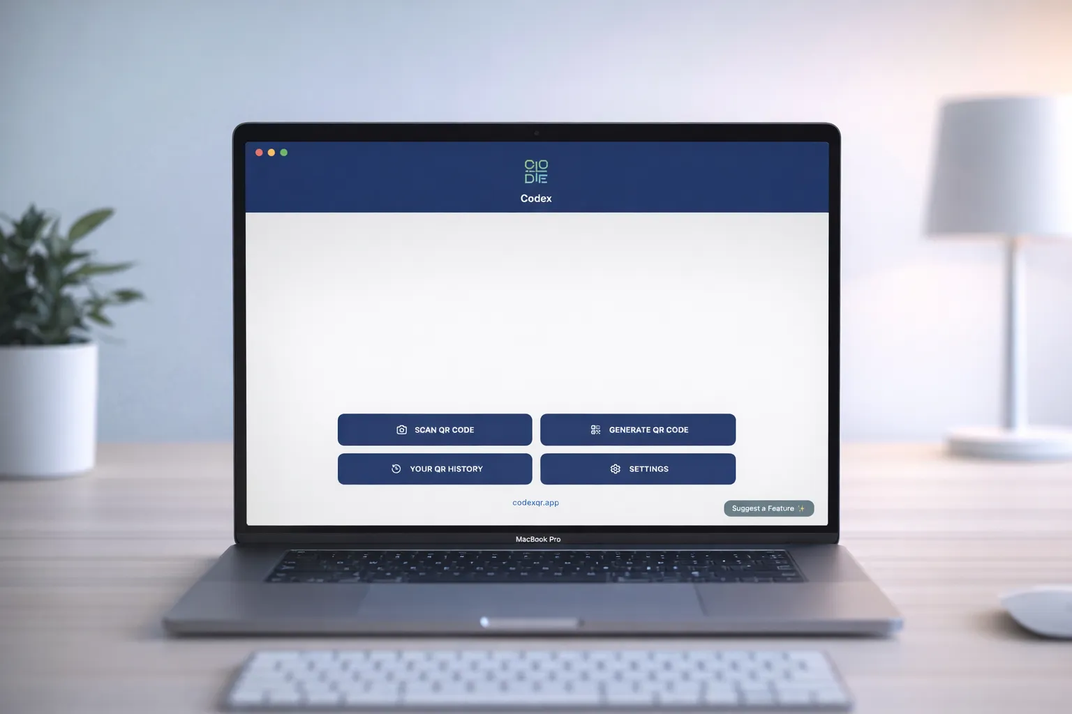 Codex QR macOS home screen with Scan QR, Generate QR, History and Settings options