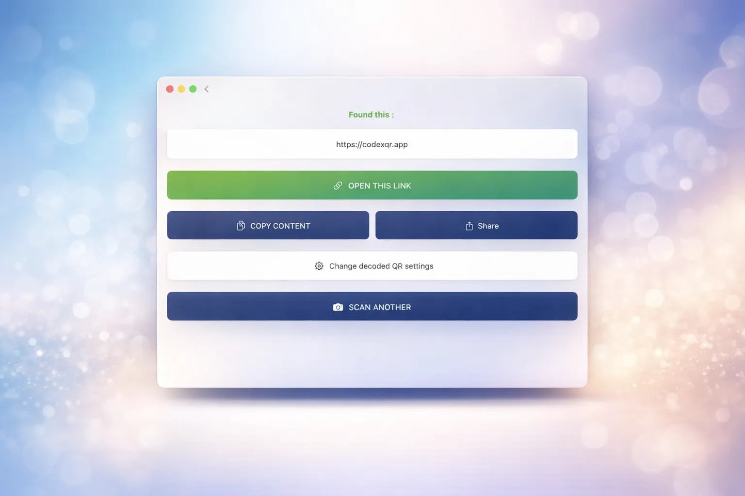 Codex QR macOS generated QR code with save, copy and share options