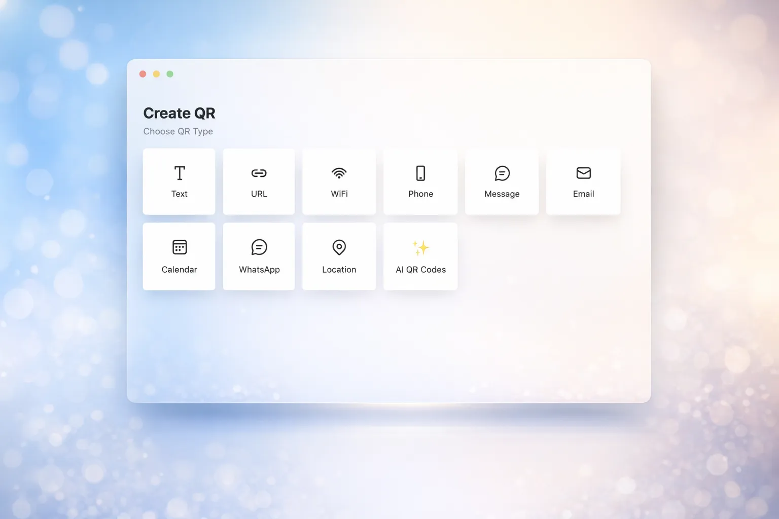 Codex QR macOS supports 10+ QR code types including URL, WiFi, vCard, Email, Phone, SMS, Calendar, WhatsApp, and Location