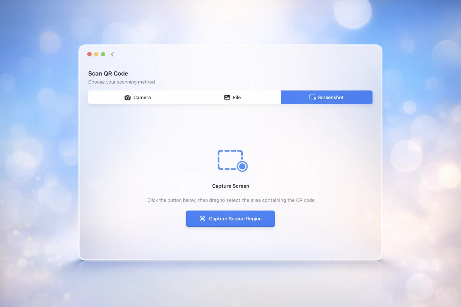 Codex QR macOS scanner with three modes: Camera, File import, and Screenshot capture