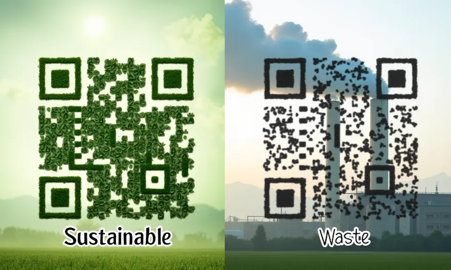 Sustainable static QR code (leaf design) vs wasteful dynamic QR code (pollution cloud). Codex QR promotes eco-friendly digital solutions.