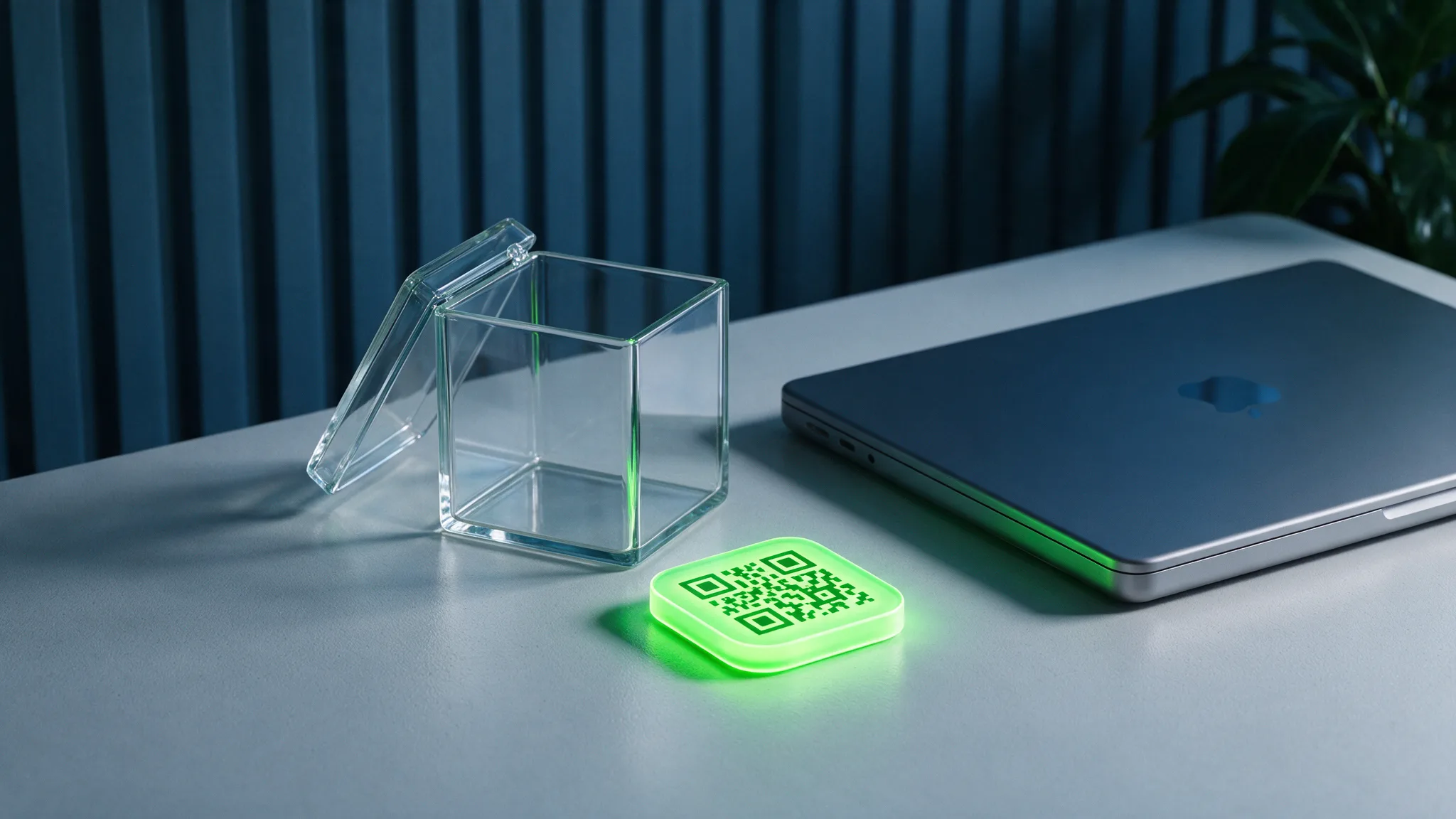 A QR code app sitting free on a desk next to a MacBook, outside an empty glass sandbox box