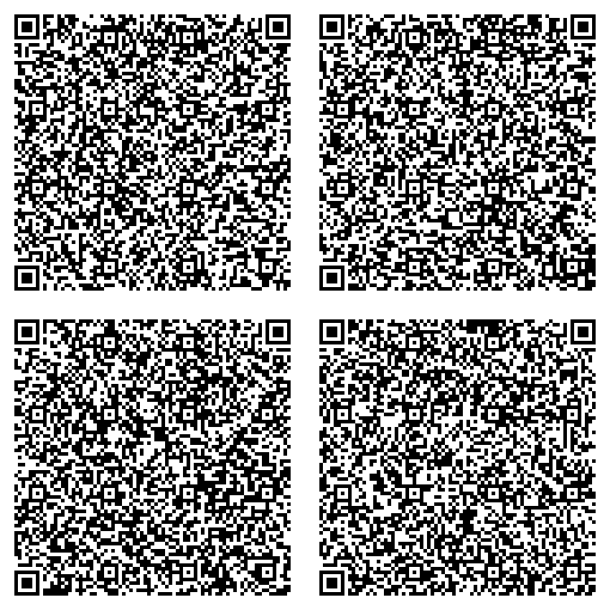A 2x2 grid of QR codes flashing on the sender's screen during an optical file transfer
