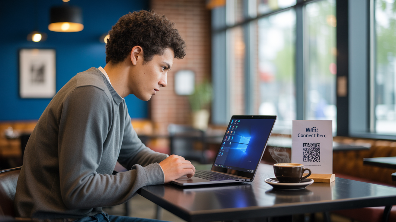 Professional scanning WiFi QR code at café with Windows 11 laptop