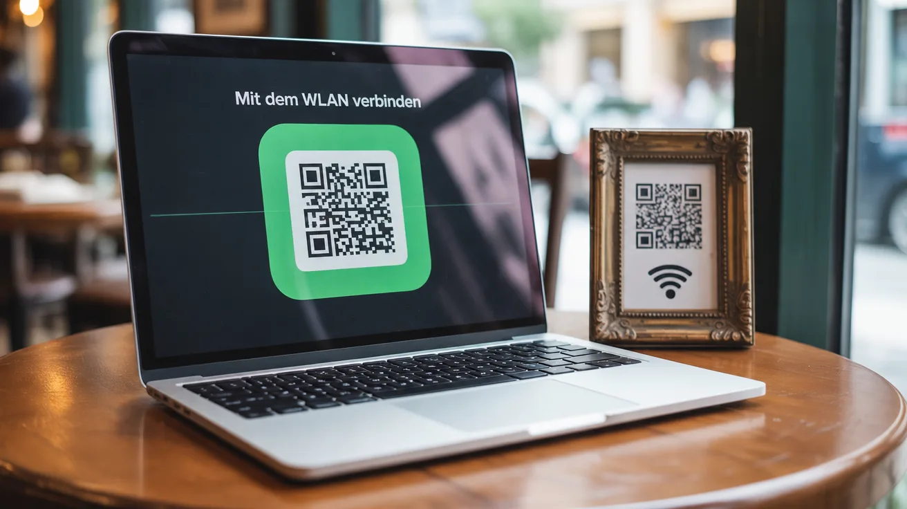 MacBook im Café scannt einen gerahmten WLAN-QR-Code, auf dem Bildschirm der Connect-to-Network-Button von Codex QR