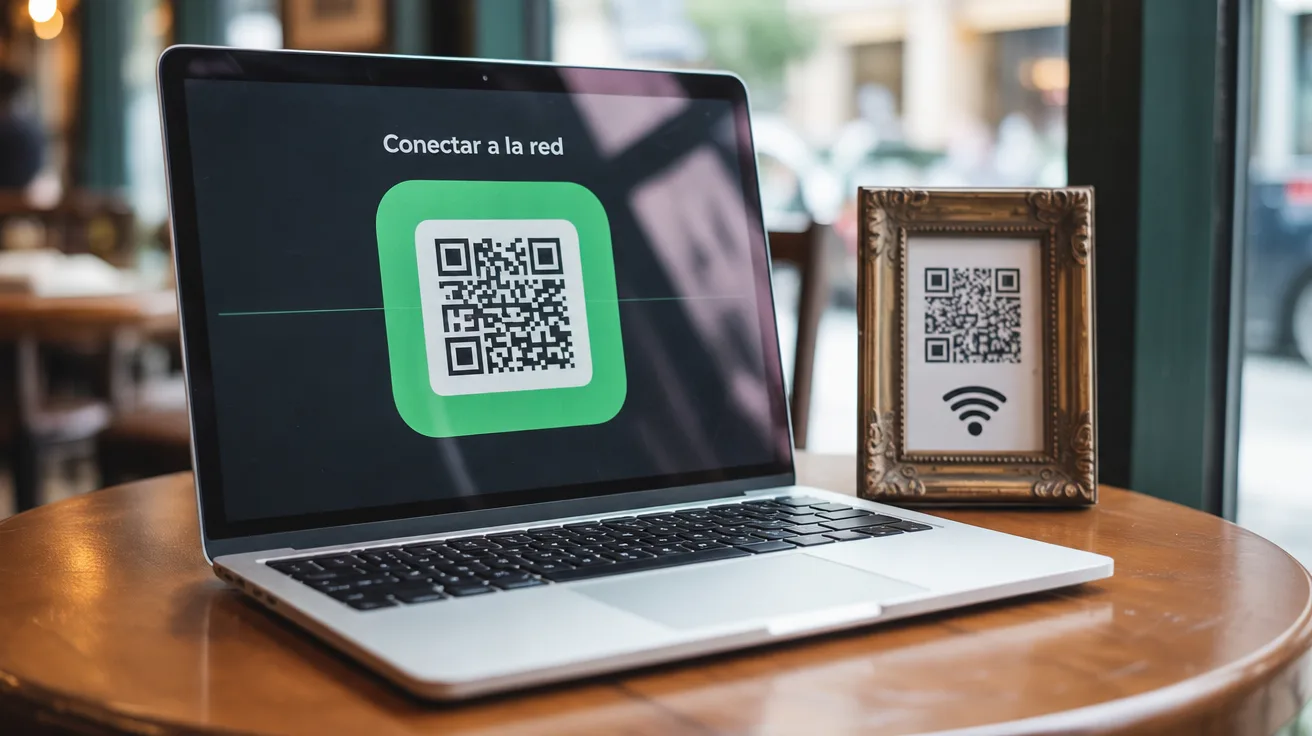 MacBook en una cafetería escaneando un código QR de WiFi enmarcado, con el botón Connect to Network de Codex QR en pantalla